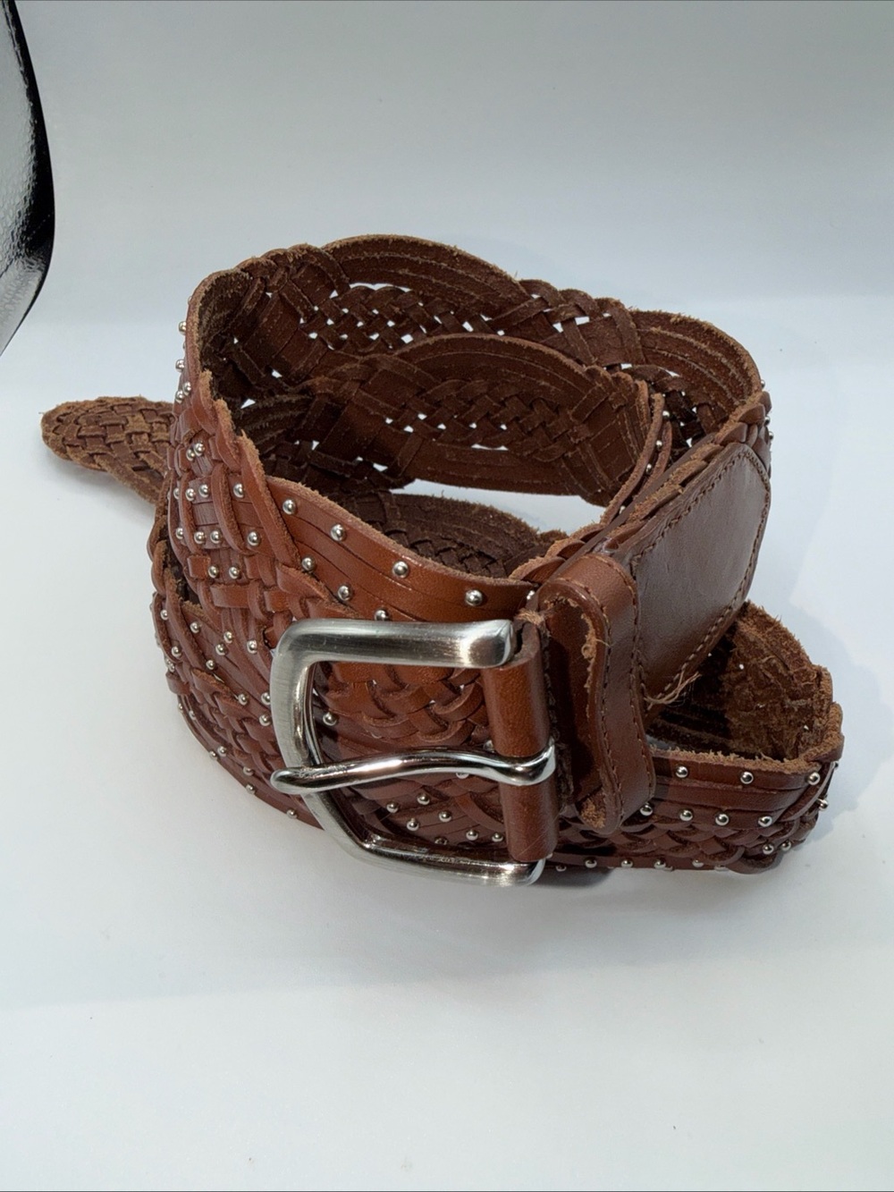 Talbots Brown Woven Leather Belt with Stud Accents women Sz Medium